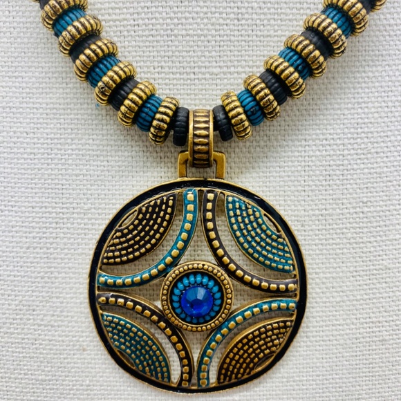 Chico's Bronze and Blue Swarovski Crystal Medallion Necklace - Picture 2 of 6